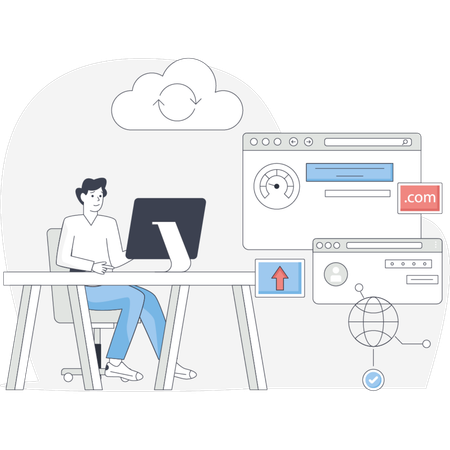 Young man  working on domain hosting  Illustration