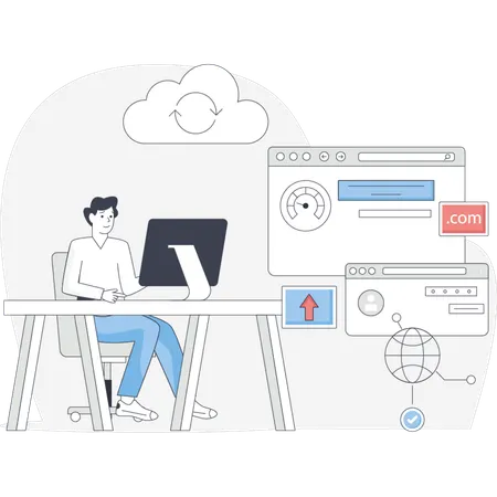Young man  working on domain hosting  Illustration