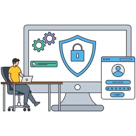Young man working on Internet security  Illustration