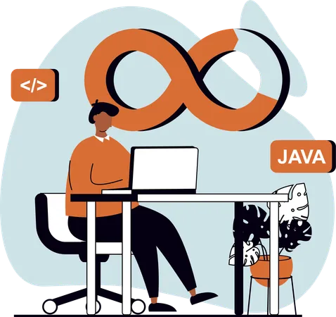 Javaプログラミングに取り組む若い男性  イラスト