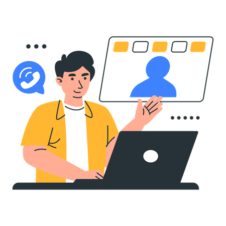 Young Man Working On Laptop And Managing Contacts  Illustration
