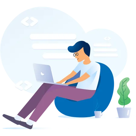 Young man working on laptop and sitting on bean bag showing concept of freelancing Illustration