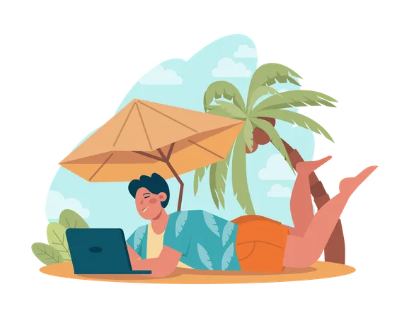 Young man working on laptop at beach  Illustration