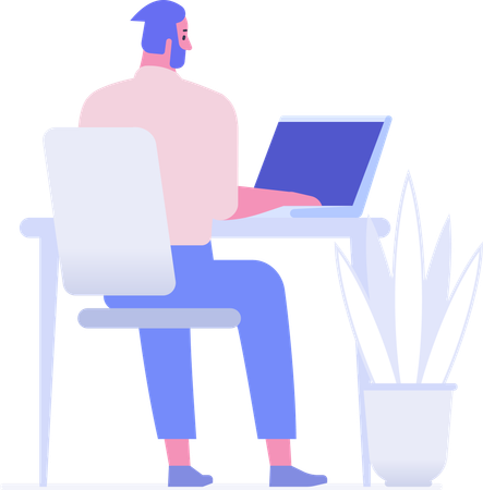 Young man working on laptop at home  Illustration