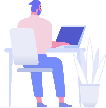 Young man working on laptop at home  Illustration