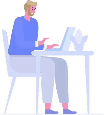 Young man working on laptop at home  Illustration