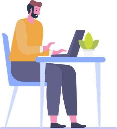 Young man working on laptop at home  Illustration