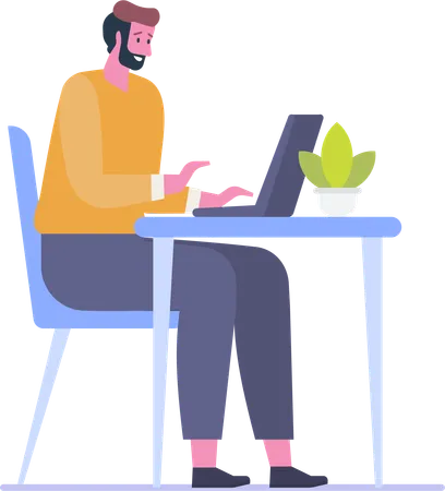 Young man working on laptop at home  Illustration