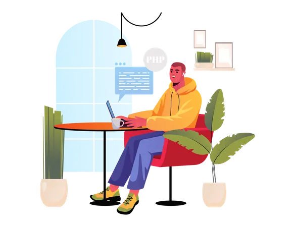 Young man working on laptop at office  Illustration