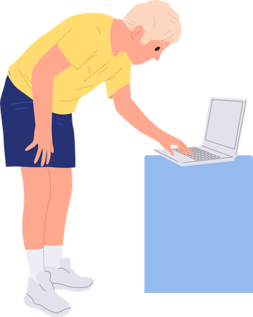 Young man working on laptop computer standing nearby data chart bar  Illustration