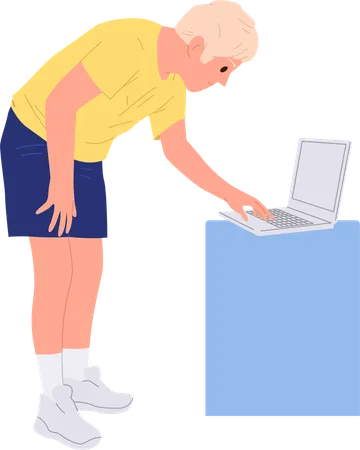 Young man working on laptop computer standing nearby data chart bar  Illustration