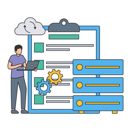Young man working on laptop for Database Server  Illustration