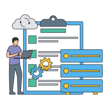 Young man working on laptop for Database Server  Illustration