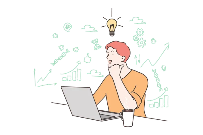Business Work Success Thought Problem Business Freelance Concept Young Happy Businessman Boy Freelancer Working On Laptop Having Idea Creativity And Goal Achievement Intelligence Knowledge Illustration