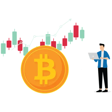 Young man working on laptop while doing Bitcoin and cryptocurrency investing  Illustration