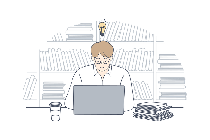 Young man working on laptop while getting idea  Illustration