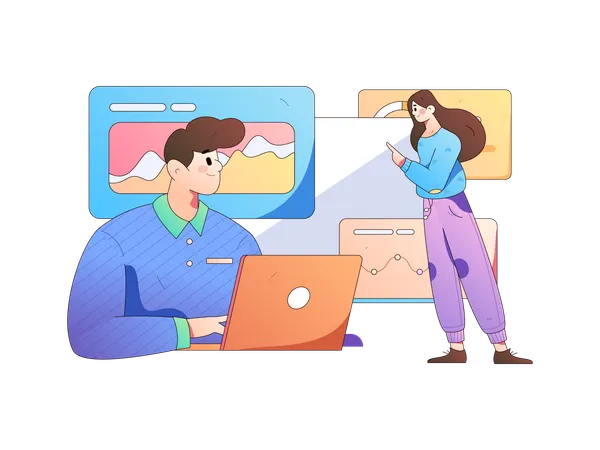 Young man working on laptop while girl doing business analysis  Illustration