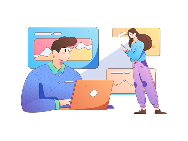 Young man working on laptop while girl doing business analysis  Illustration