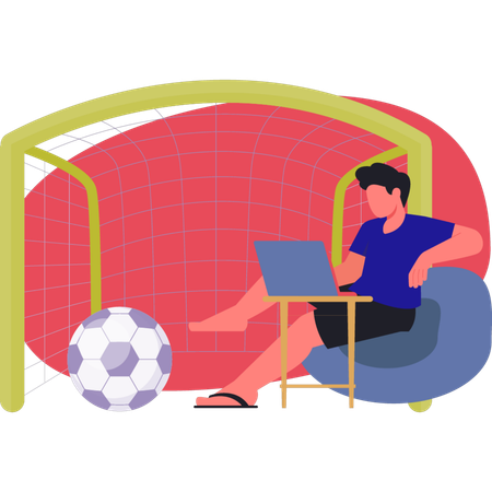 Young man working on soccer goal net  Illustration