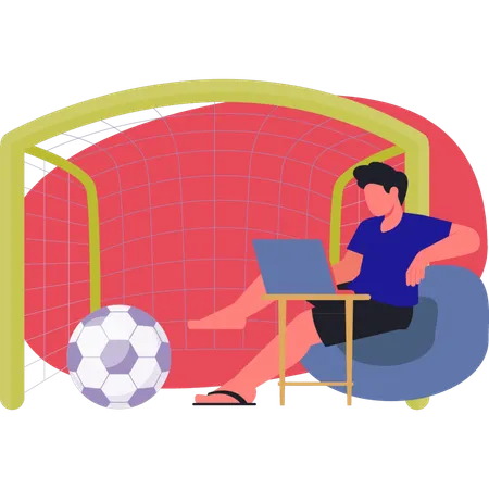 Young man working on soccer goal net  Illustration