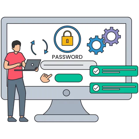 Young man working on system password Illustration