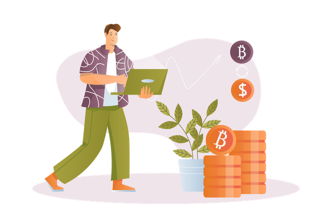 Young man works in crypto business  Illustration