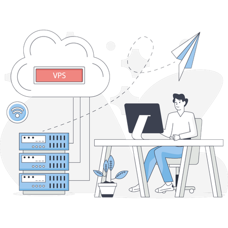 Young man works on VPS hosting  Illustration
