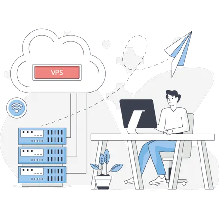 Young man works on VPS hosting  Illustration