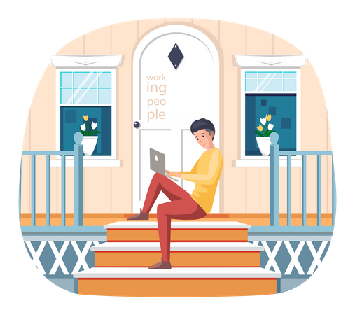 Young man works remotely  Illustration