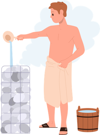 Young man wrapped in tower pouring water on hot stones  Illustration