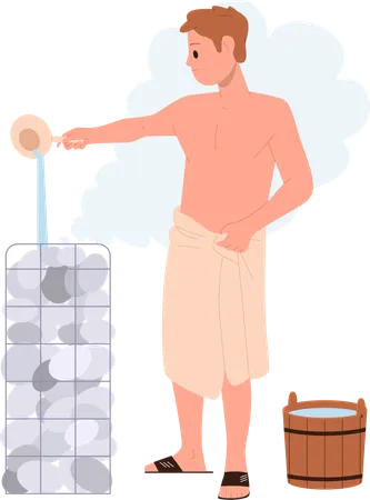 Young Man Cartoon Character Wrapped In Tower Pouring Water From Ladle On Hot Stones To Take Steam In Public Sauna Or Bathhouse Vector Illustration Relaxation And Spa Treatment Recreation On Weekends Illustration