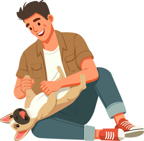 Young man  wrestling with his favorite French bulldog  Illustration