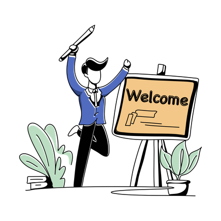 Young Man Write Welcome On Board  イラスト