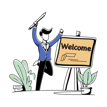 Young Man Write Welcome On Board  Illustration