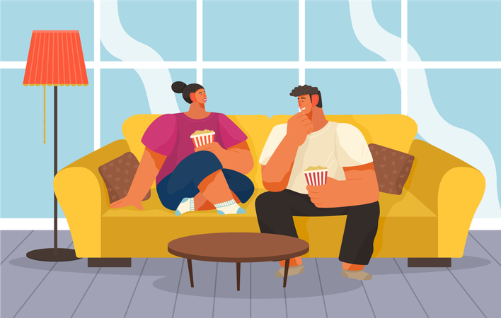 Young married couple at home on the couch with popcorn in their hands  Illustration