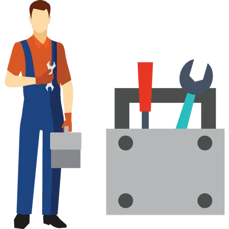 Young mechanic stands with toolbox  Illustration