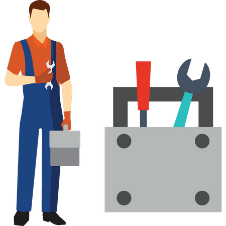 Young mechanic stands with toolbox  Illustration