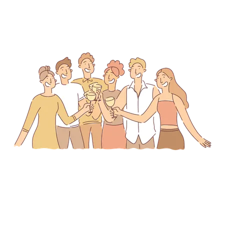People Having Toast Together Young Men Women Having Party With Beverage Weekend Pastime For Group Of Adults Banner Drinking Alcohol Cocktail Party Cartoon Concept Sketch Flat Vector Illustration Illustration