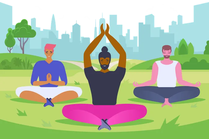 Young Men Doing Yoga Flat Vector Illustration Smiling Guys Hipsters In Sportswear Cartoon Characters People Sitting In Lotus Pose Meditating Outdoors Healthy Lifestyle Concentration Exercise Illustration