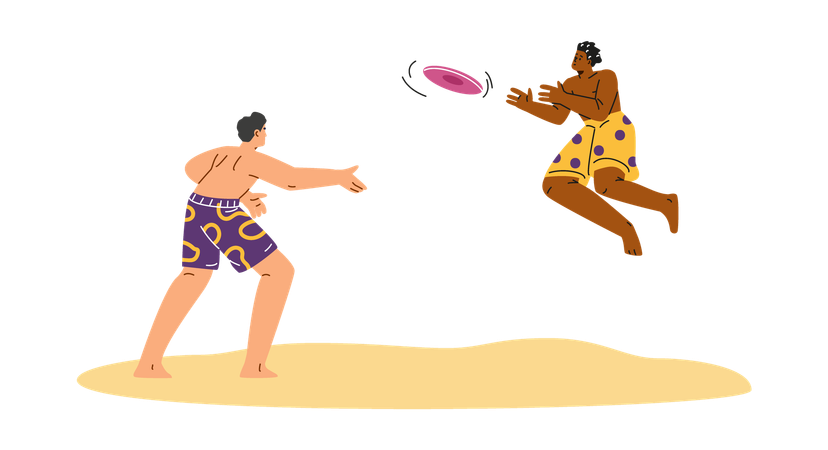 Young men playing frisbee on the beach  Illustration