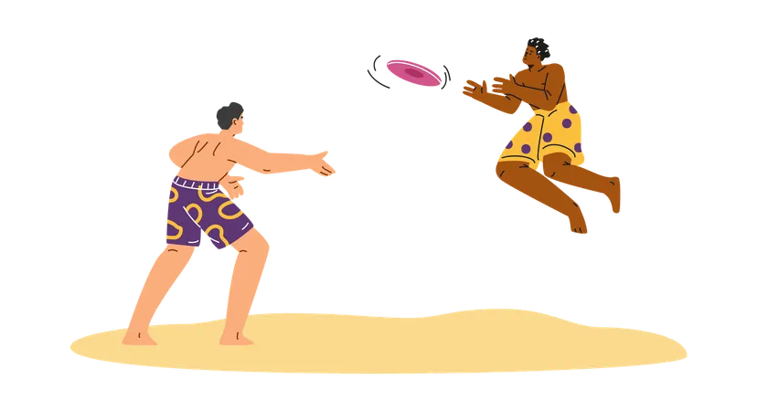 Young men playing frisbee on the beach  Illustration