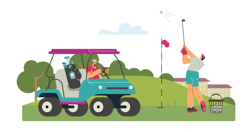 Young men playing golf and driving cart with golf equipment  Illustration