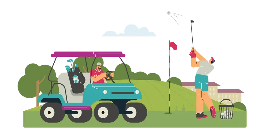Young men playing golf and driving cart with golf equipment  Illustration