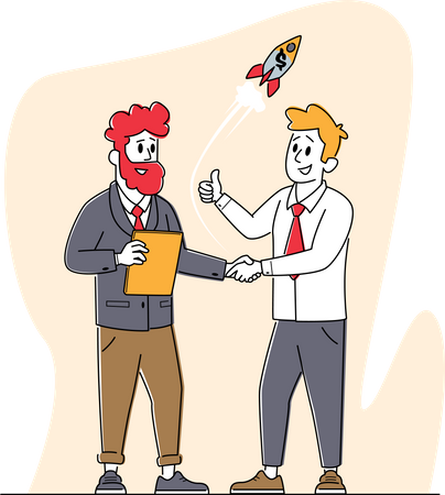 Young Men Stand Face to Face Handshake for Start Up Project  イラスト