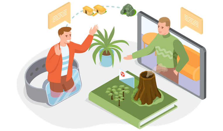 Young men talk on video link discuss vacation in Asia  Illustration
