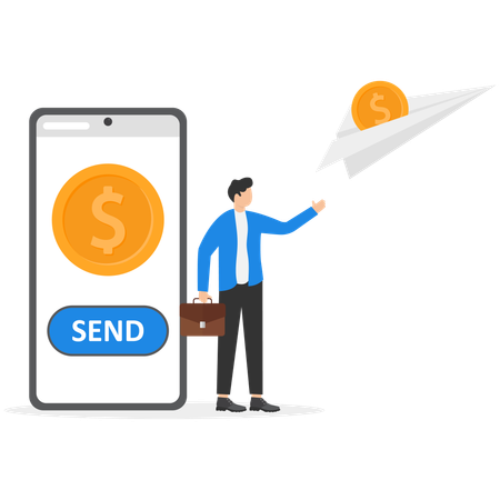 Young men with smartphones in their hands send and receive money  Illustration