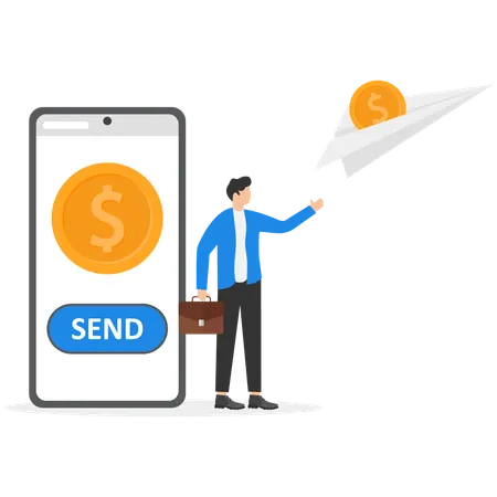 Young men with smartphones in their hands send and receive money  Illustration