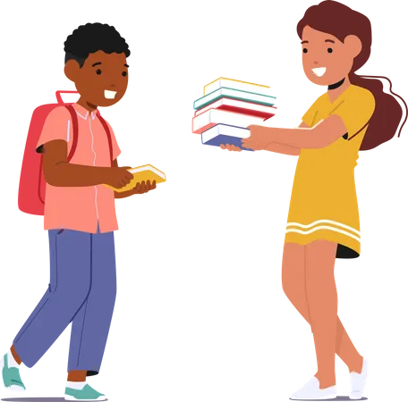Young Minds Boy And Girl Connecting Through Books Children Exchanging Stories Sharing Knowledge And Fostering A Love For Reading A World Of Imagination In Their Hands Cartoon Vector Illustration Illustration
