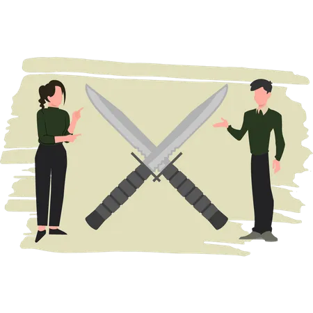 Young Mn And Woman Are Talking About Knives  Illustration