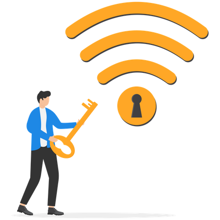 Young mobile user connect to wifi network with padlock encryption  イラスト